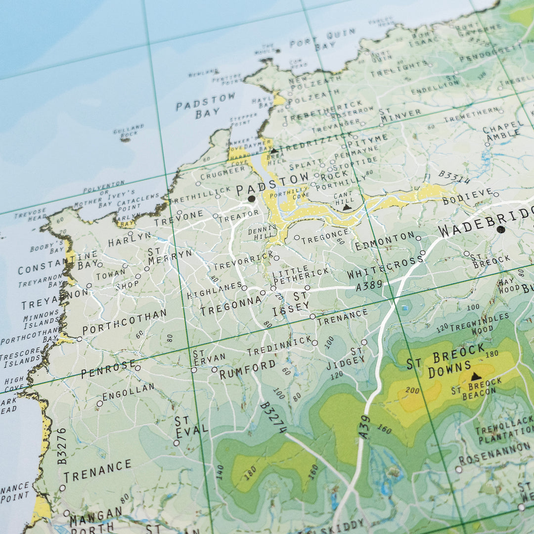 Cornwall County Map - Laminated Wall Map 47 X 33.25 Inches, Detailed Ordnance Survey Style With Town Locations